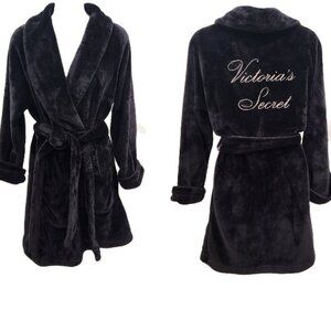 Victoria's Secret Plush Black Robe 'Victoria's Secret' Embroidered Med/Large